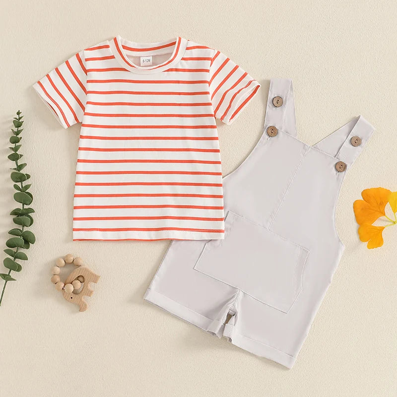 Summer Children Kids Baby Boys Clothing Sets Striped Print Short Sleeve O-Neck T-Shirts+Pocket Suspender Shorts Casual Outfits
