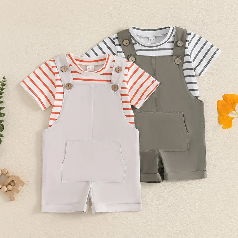 Summer Children Kids Baby Boys Clothing Sets Striped Print Short Sleeve O-Neck T-Shirts+Pocket Suspender Shorts Casual Outfits