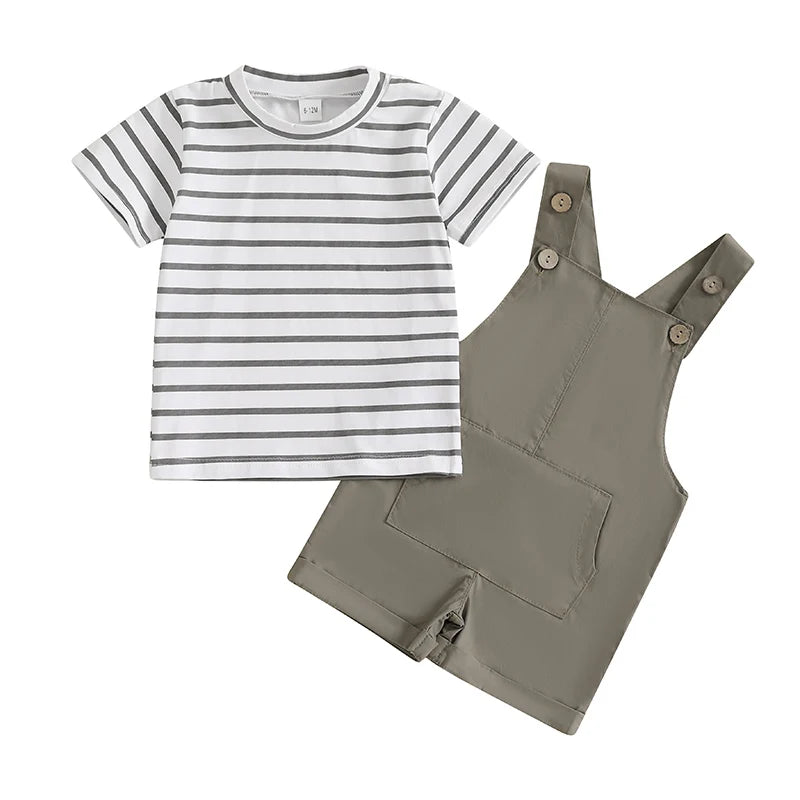 Summer Children Kids Baby Boys Clothing Sets Striped Print Short Sleeve O-Neck T-Shirts+Pocket Suspender Shorts Casual Outfits