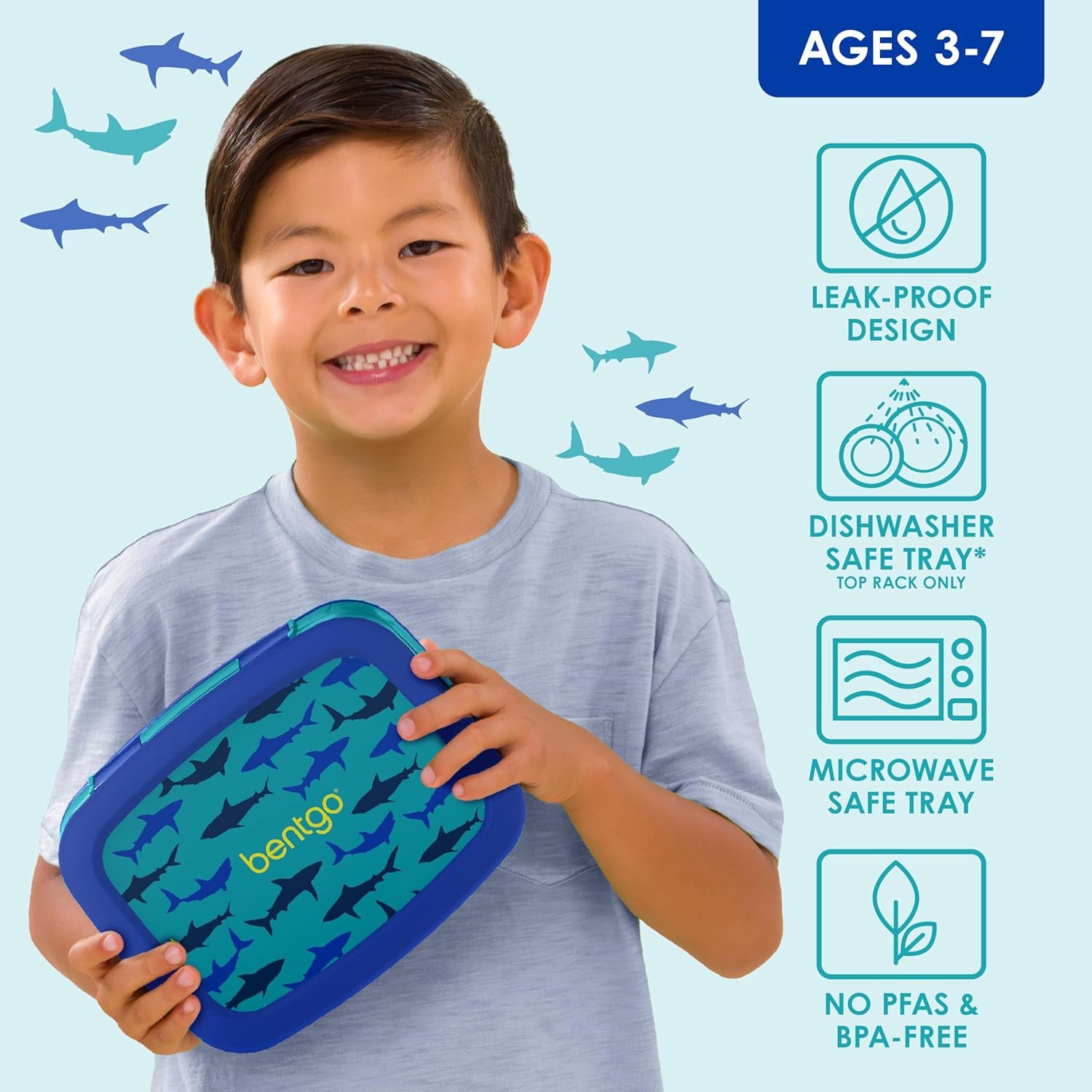 ® Kids Prints Leak-Proof, 5-Compartment Bento-Style Kids Lunch Box - Ideal Portion Sizes for Ages 3-7, Durable, Drop-Proof, Dishwasher Safe, & Made with Bpa-Free Materials (Sharks)