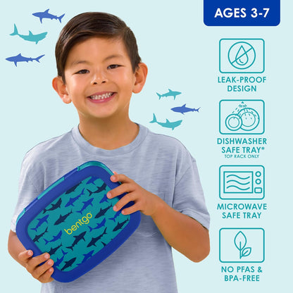 ® Kids Prints Leak-Proof, 5-Compartment Bento-Style Kids Lunch Box - Ideal Portion Sizes for Ages 3-7, Durable, Drop-Proof, Dishwasher Safe, & Made with Bpa-Free Materials (Sharks)