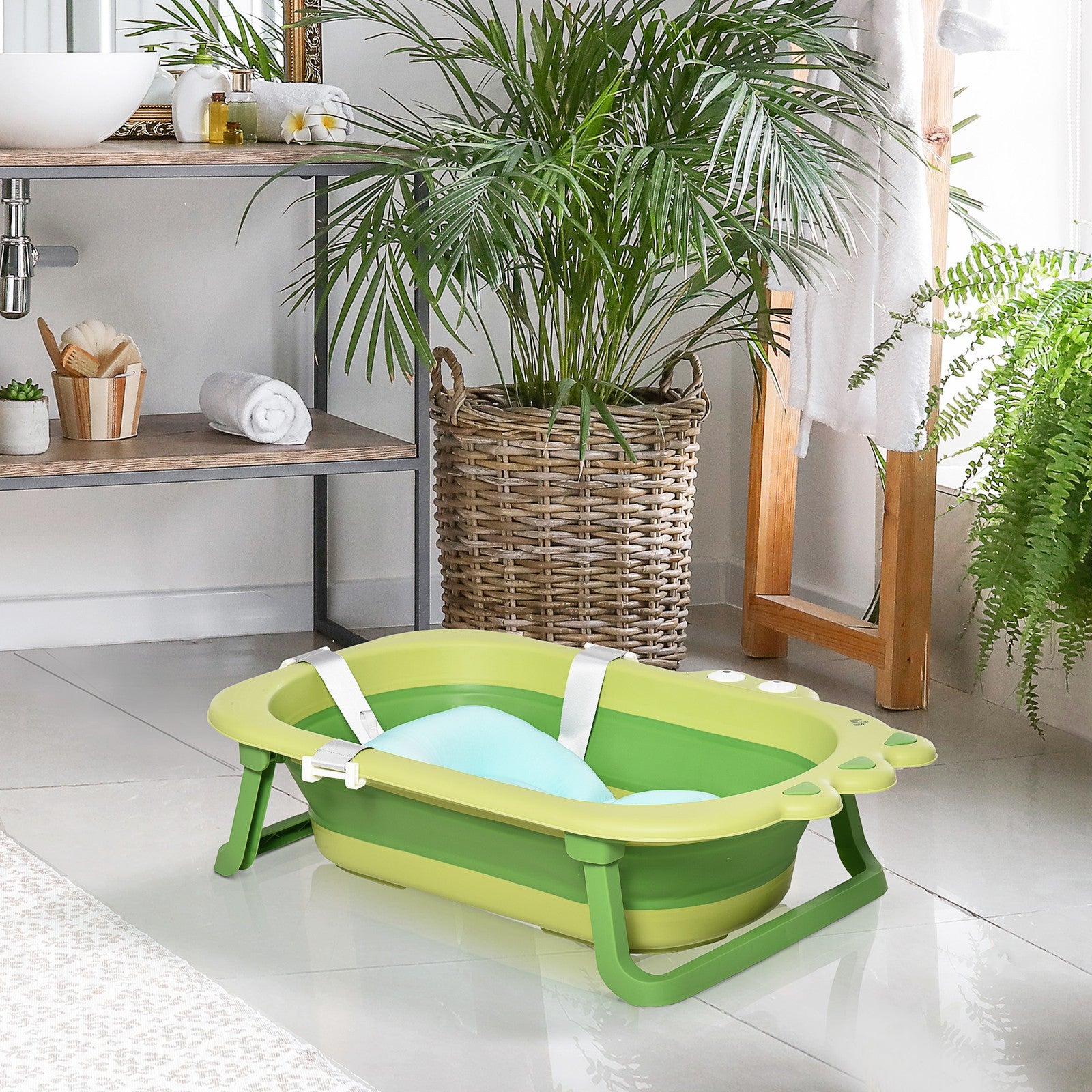 HOMCOM Baby Bath Tub for Toddler Foldable W/ Baby Cushion for 0-3 Years Green
