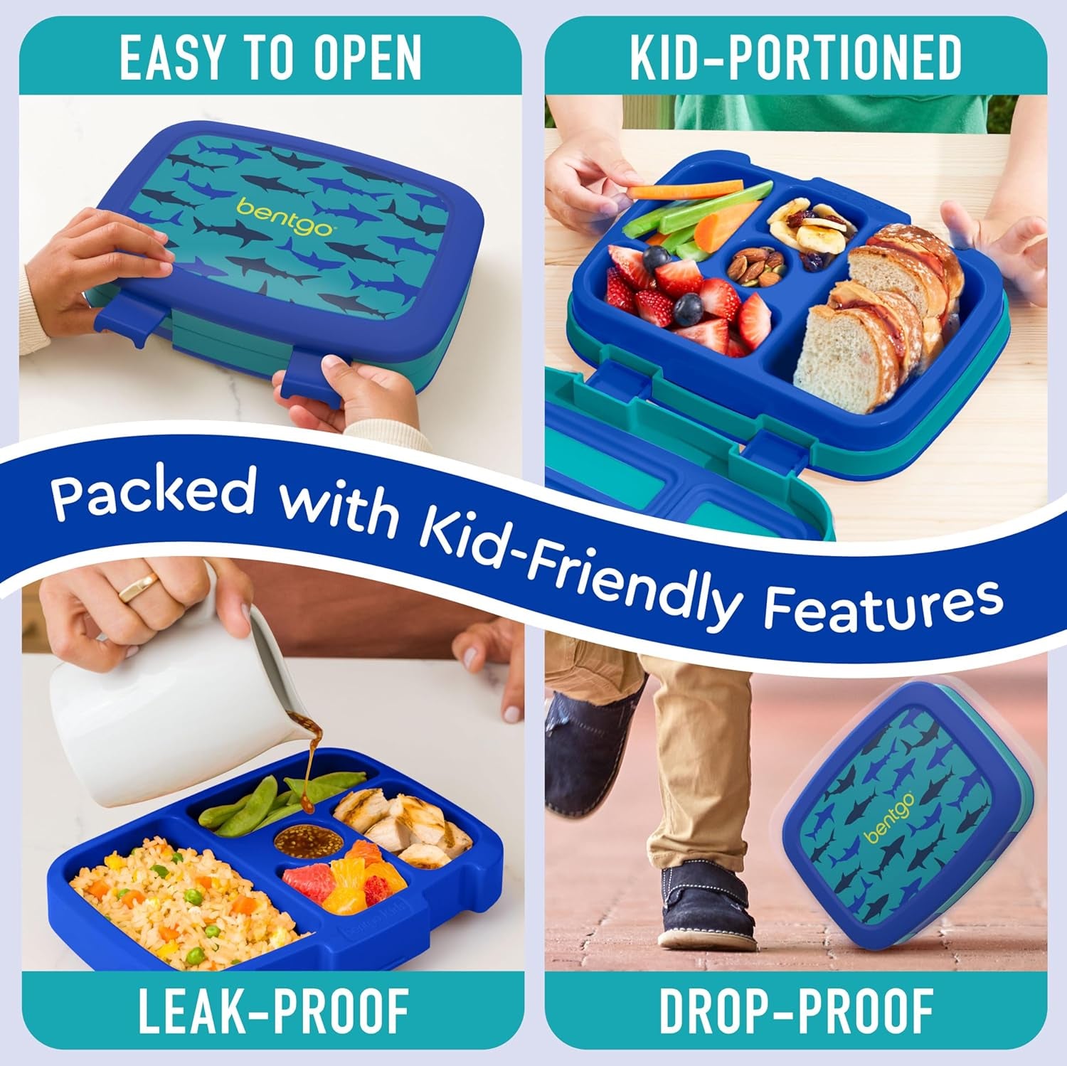 ® Kids Prints Leak-Proof, 5-Compartment Bento-Style Kids Lunch Box - Ideal Portion Sizes for Ages 3-7, Durable, Drop-Proof, Dishwasher Safe, & Made with Bpa-Free Materials (Sharks)