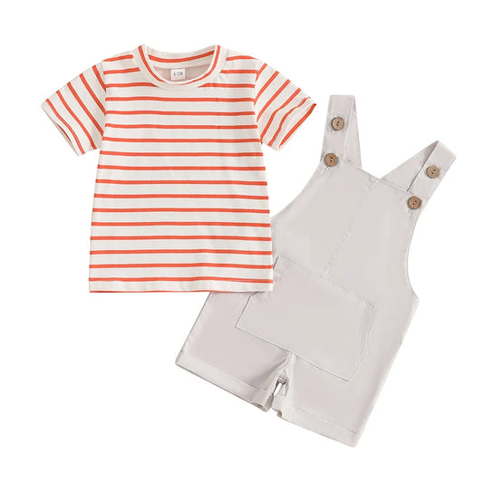 Summer Children Kids Baby Boys Clothing Sets Striped Print Short Sleeve O-Neck T-Shirts+Pocket Suspender Shorts Casual Outfits