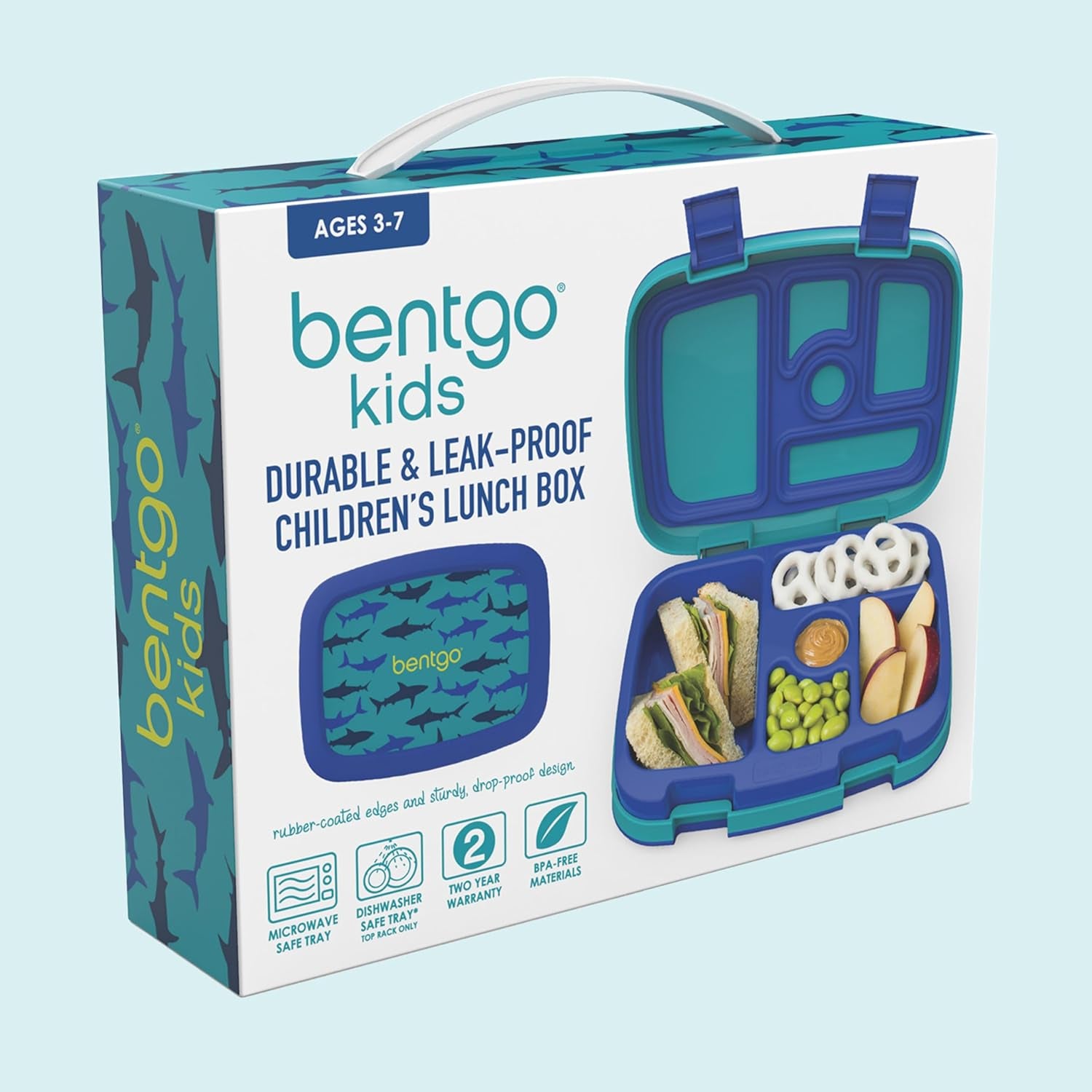 ® Kids Prints Leak-Proof, 5-Compartment Bento-Style Kids Lunch Box - Ideal Portion Sizes for Ages 3-7, Durable, Drop-Proof, Dishwasher Safe, & Made with Bpa-Free Materials (Sharks)